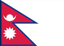 [ai] The flag of Nepal, featuring a unique non-rectangular shape. It consists of two stacked triangles with a crimson background, a white crescent moon in the upper triangle and a white sun in the lower triangle, outlined in blue.